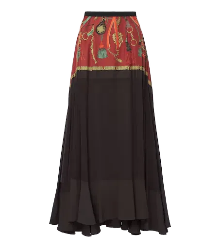 Printed ruffled silk twill maxi skirt
