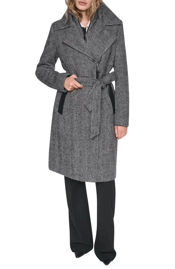 Herringbone Wool Blend Coat with Bib