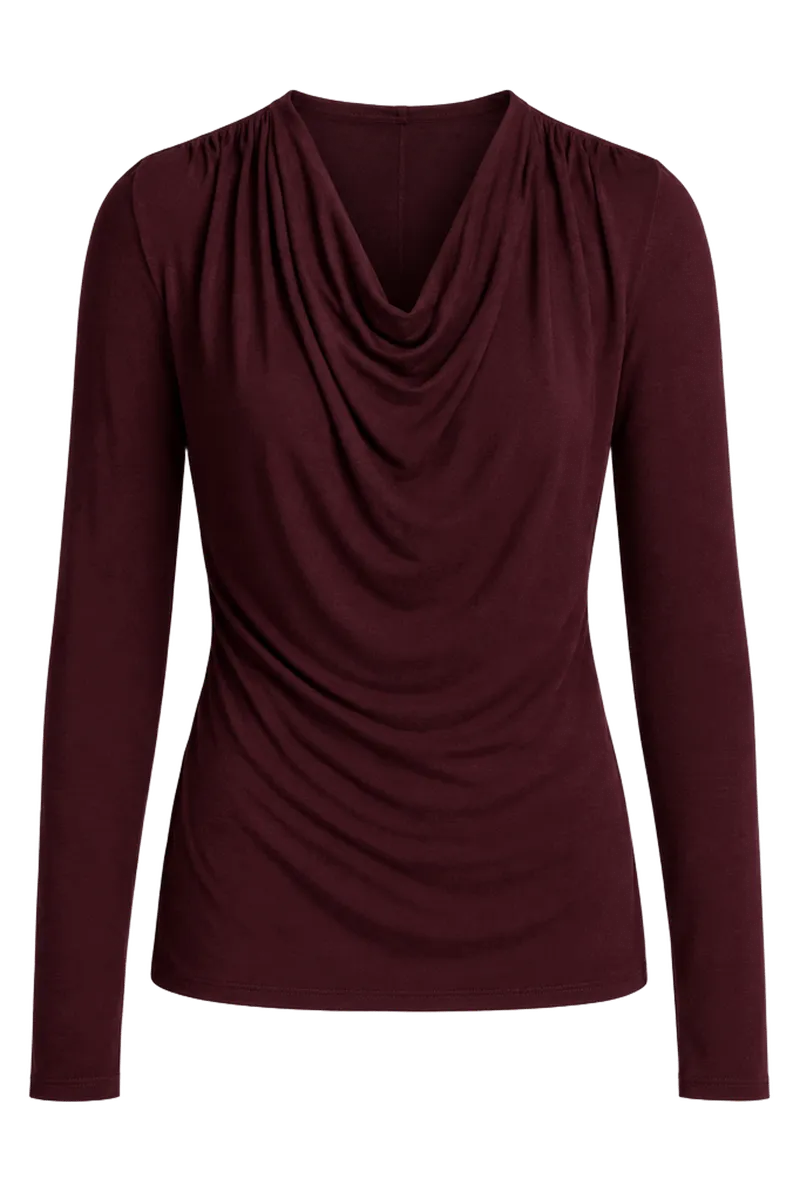 Jersey Draped Cowl-Neck Long-Sleeve Top