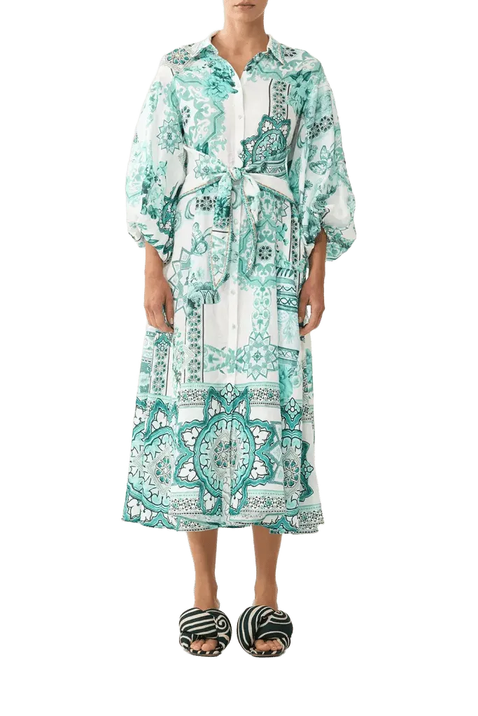 Waist Tie Shirt Dress With Bubble Sleeve