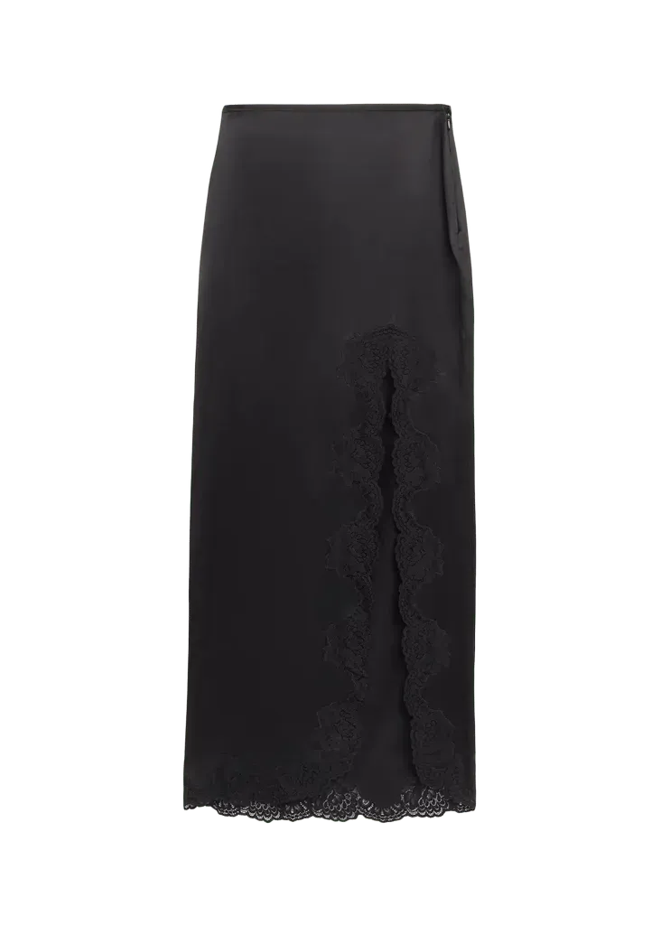 Lace-Trim Silk Satin Maxi Slit Skirt
