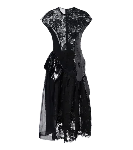 Paneled lace-trimmed sequined midi dress