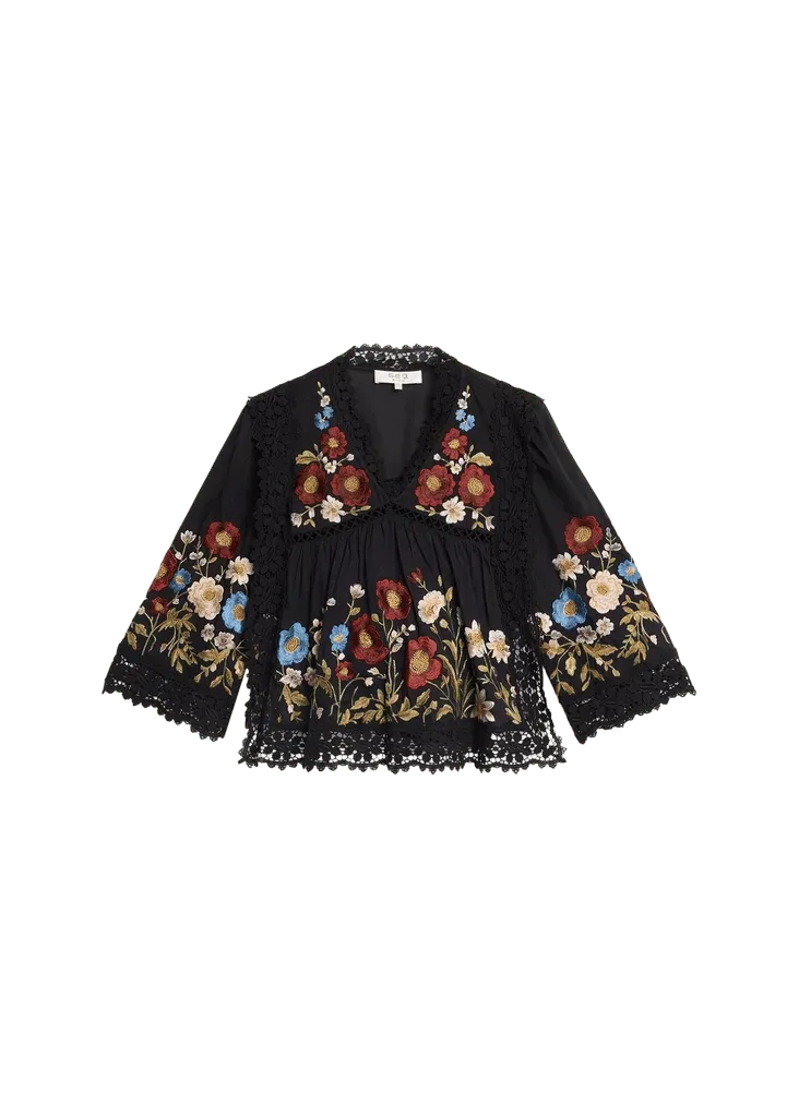 Sea Ruwa Embroidered V-Neck Long-Sleeve Top With Lace Trim