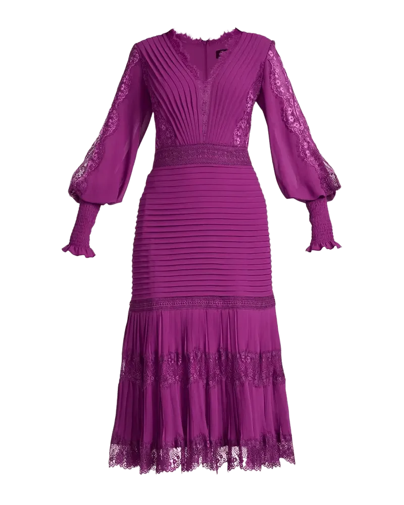 Pleated Chiffon & Lace Bishop-Sleeve Dress