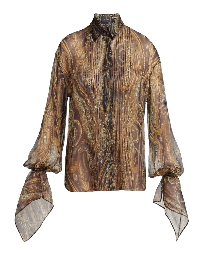 Paisley Semi-Sheer Silk Long-Sleeve Blouse