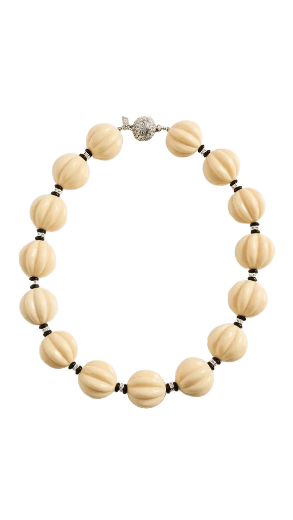 Carved Ivory Bead Pave Clasp Necklace