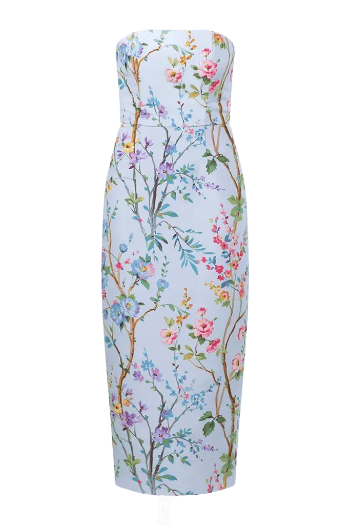 Elizabeth Garden Reverie Silk Faille Midi Dress in Light Blue Floral