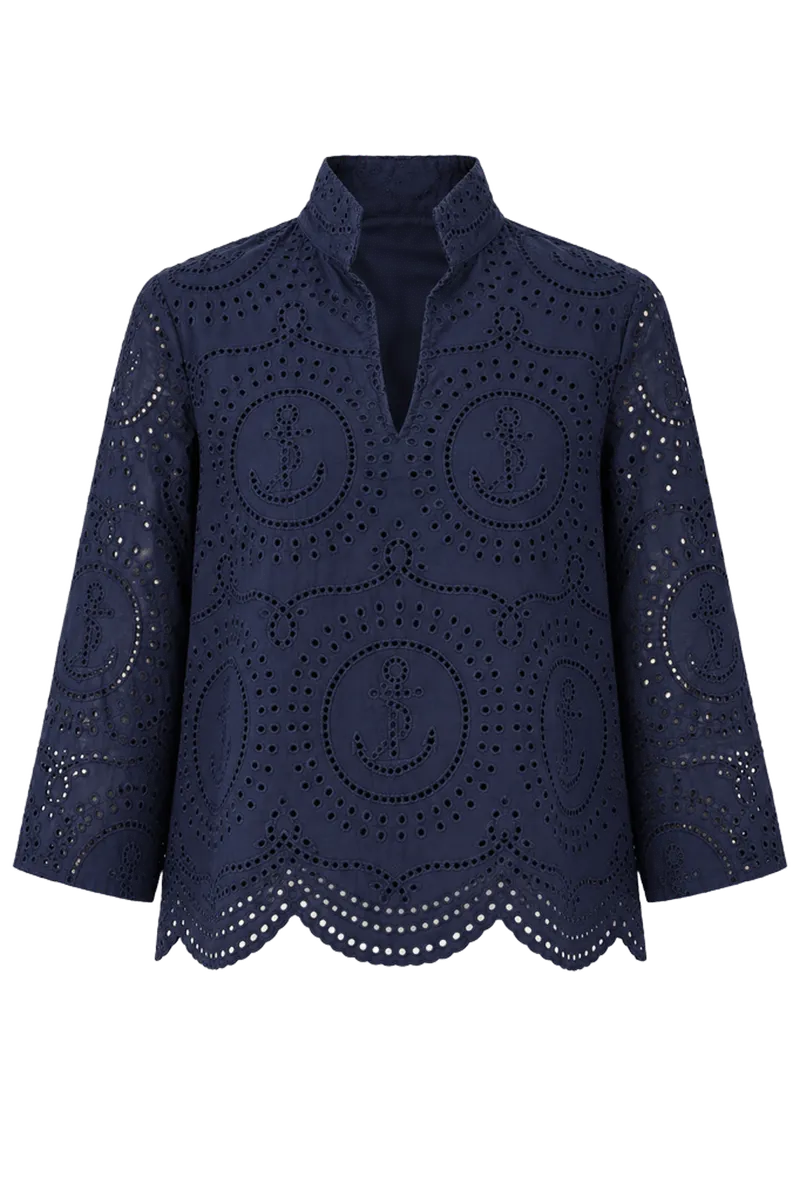 Navy Nautical Eyelet Margot Stand Collar Blouse