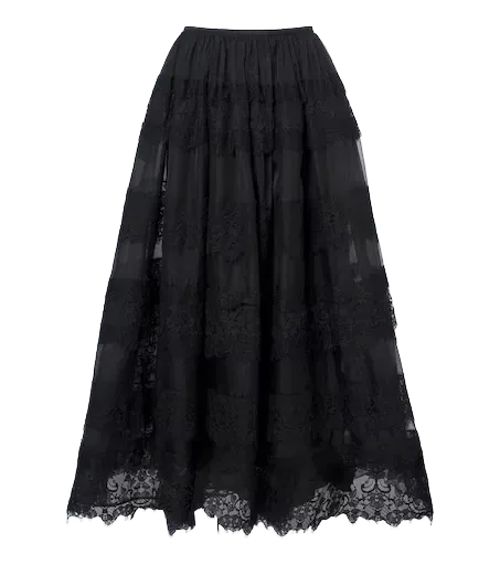 Lace-trimmed organza midi skirt