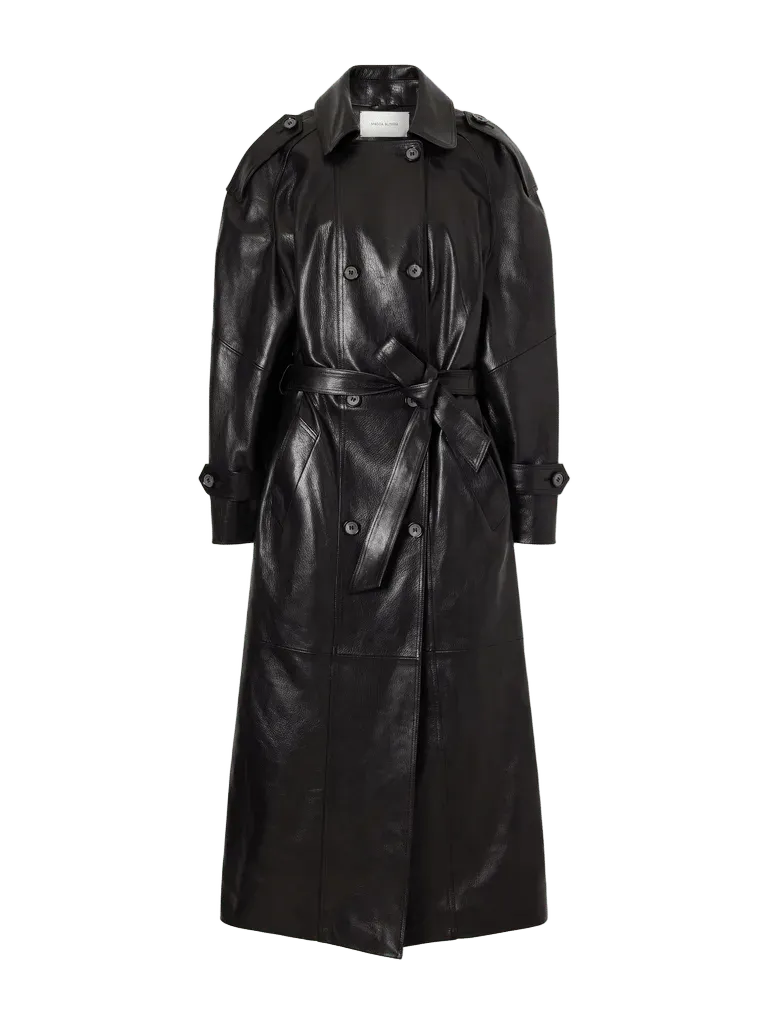 Double-breasted full-grain leather trench coat