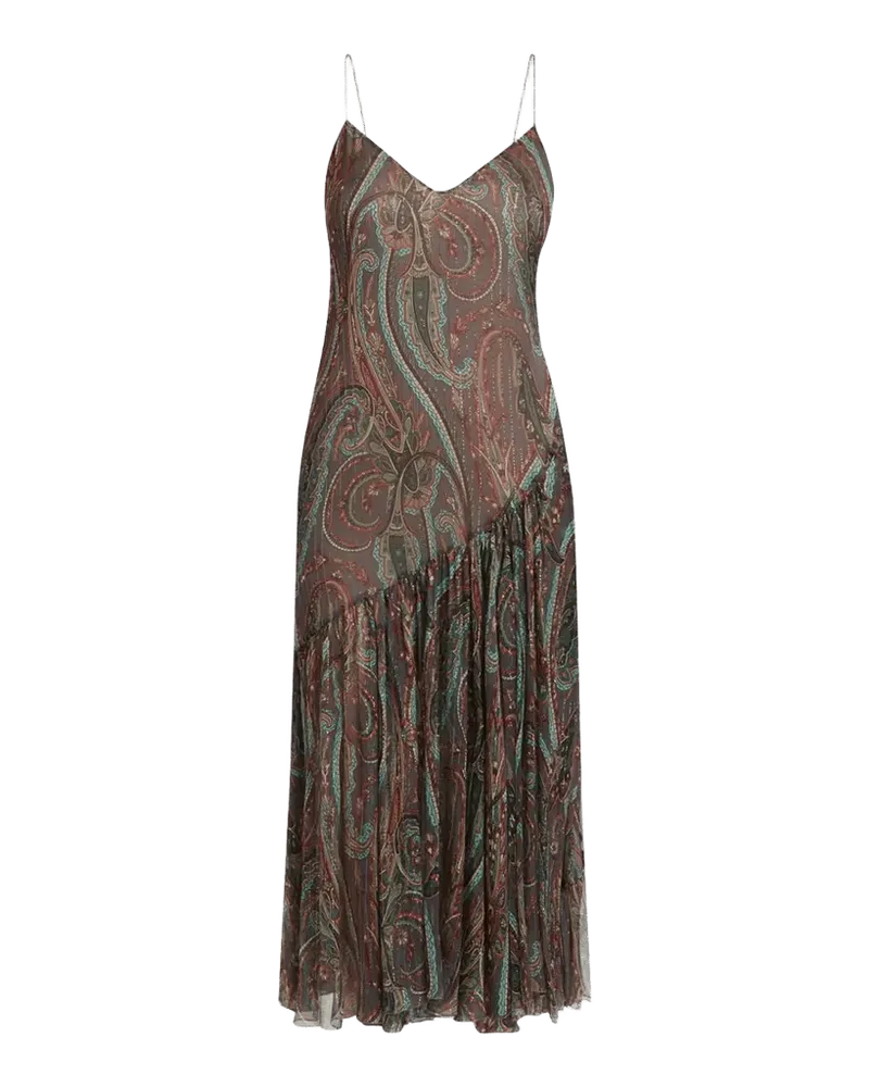 Metallic Paisley Silk Ruffle Midi Slip Dress