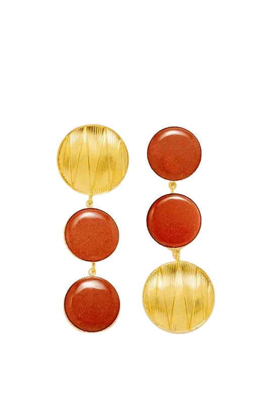 Glittery geometric double stone earrings - Gold & Orange