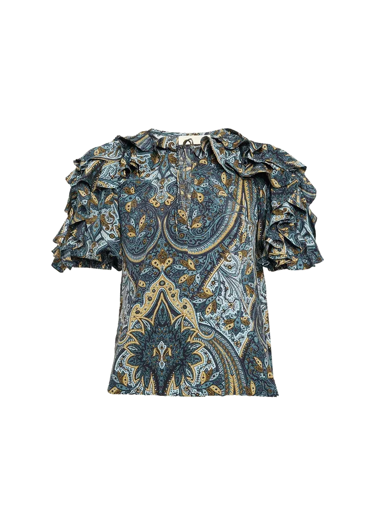 Josephine Paisley Flutter-Sleeve Blouse