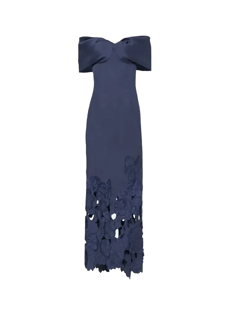 Norelle Satin Off-The-Shoulder Floral-Cut Column Gown