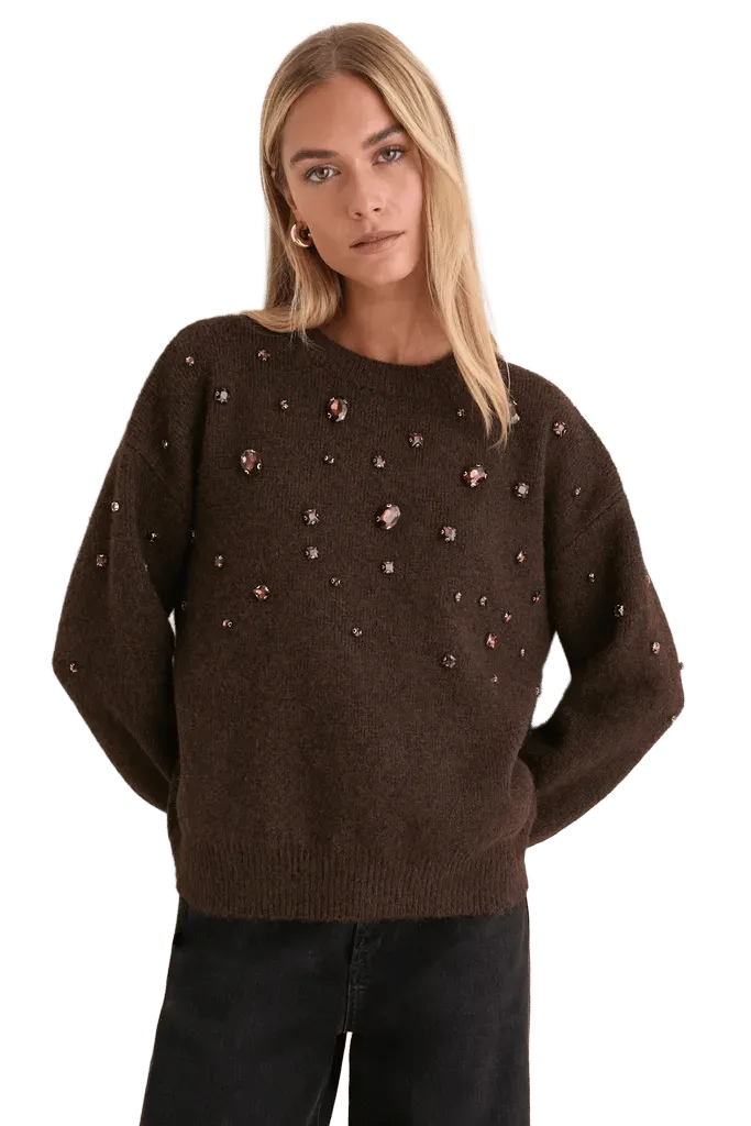 Brown Embellished Lana Crewneck