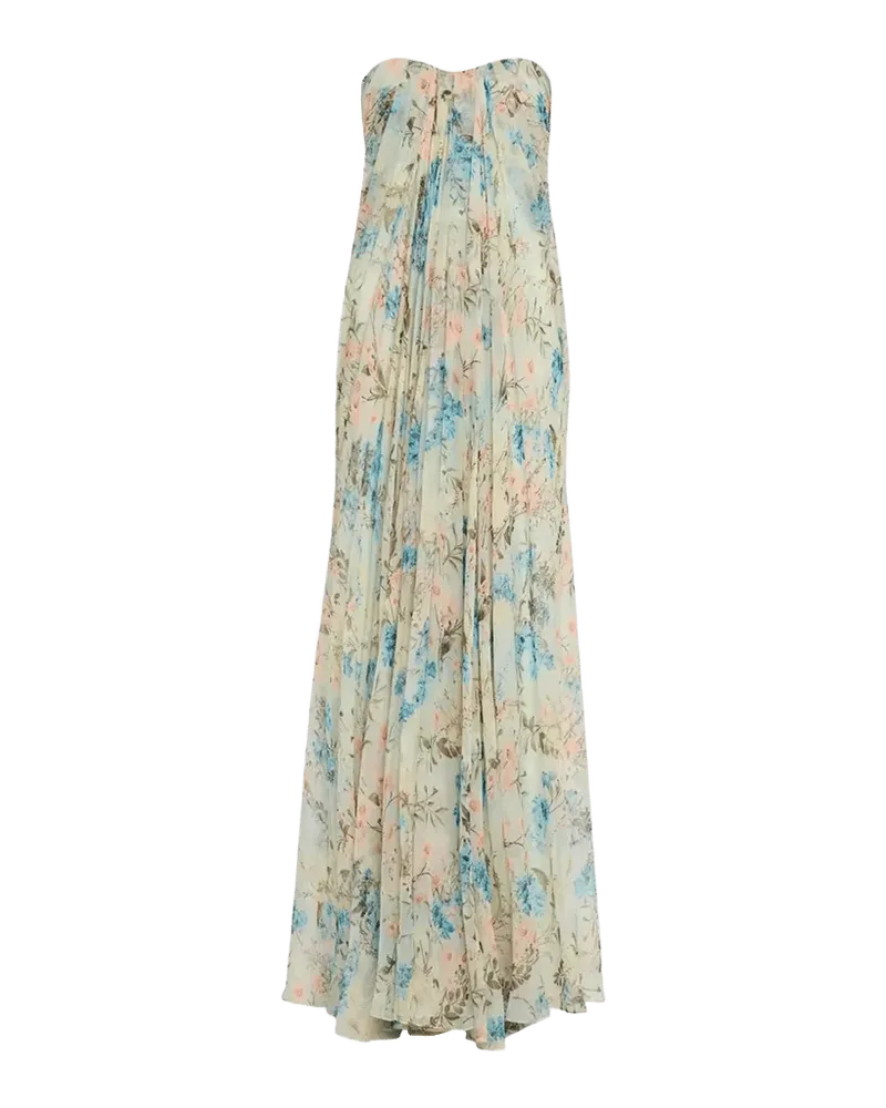 Goddess Floral Draped Bustier Strapless Silk Maxi Dress