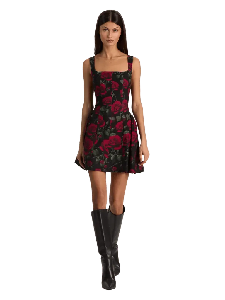 VERA FLARE MINI DRESS - ROUGE ROMANCE BLACK