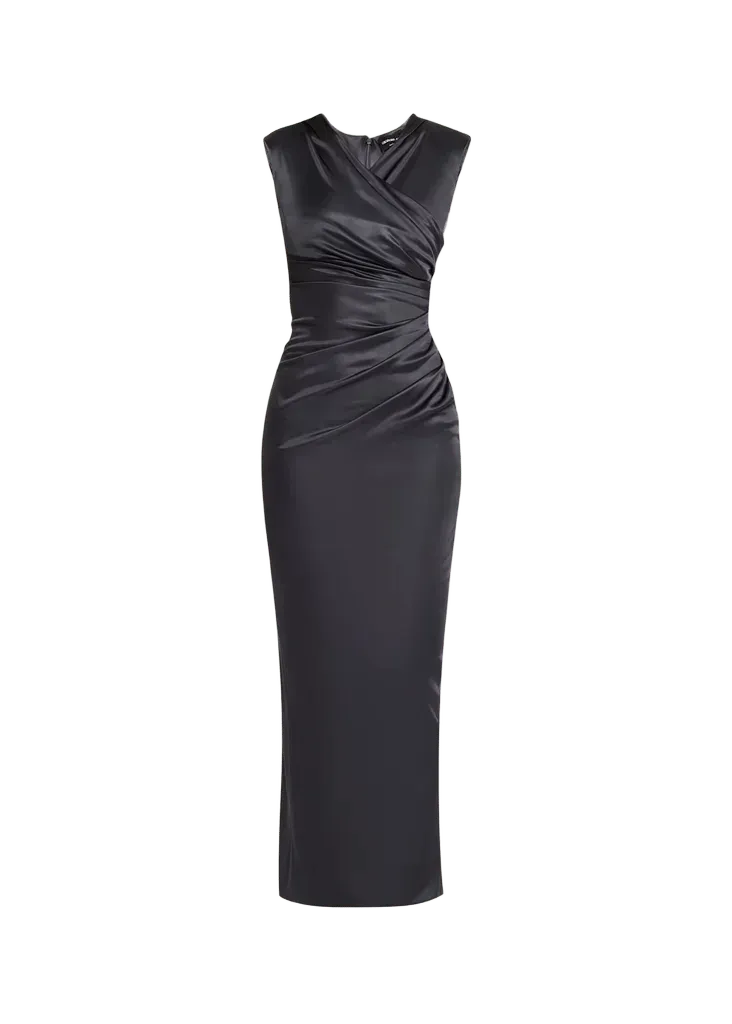 Ruched Shiny Viscose Jersey Sleeveless Maxi Dress
