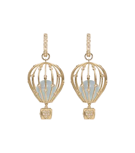 Hot Air Balloon 14kt gold hoop earrings with aquamarine and diamonds