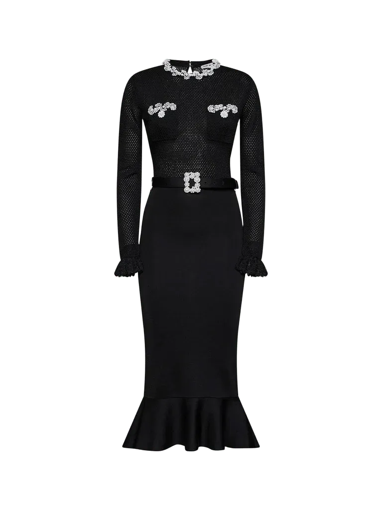Self-Portrait Beaded Openwork Knit Dress — Black