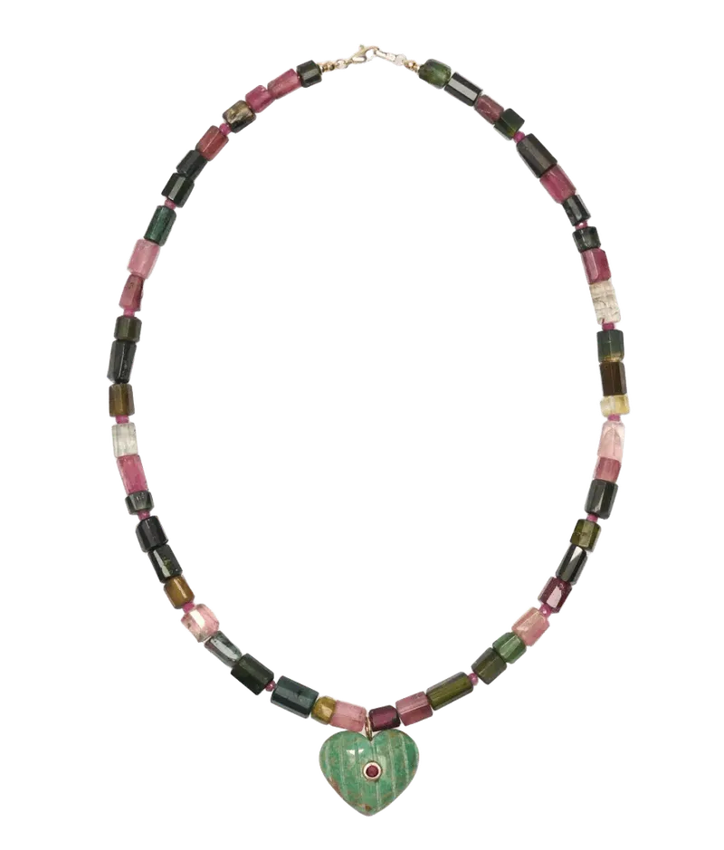 Tourmaline & Pink Sapphire 14K Gold Necklace with Carved Heart Pendant