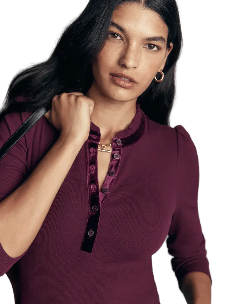 Velvet Ruffle Trim Henley Top
