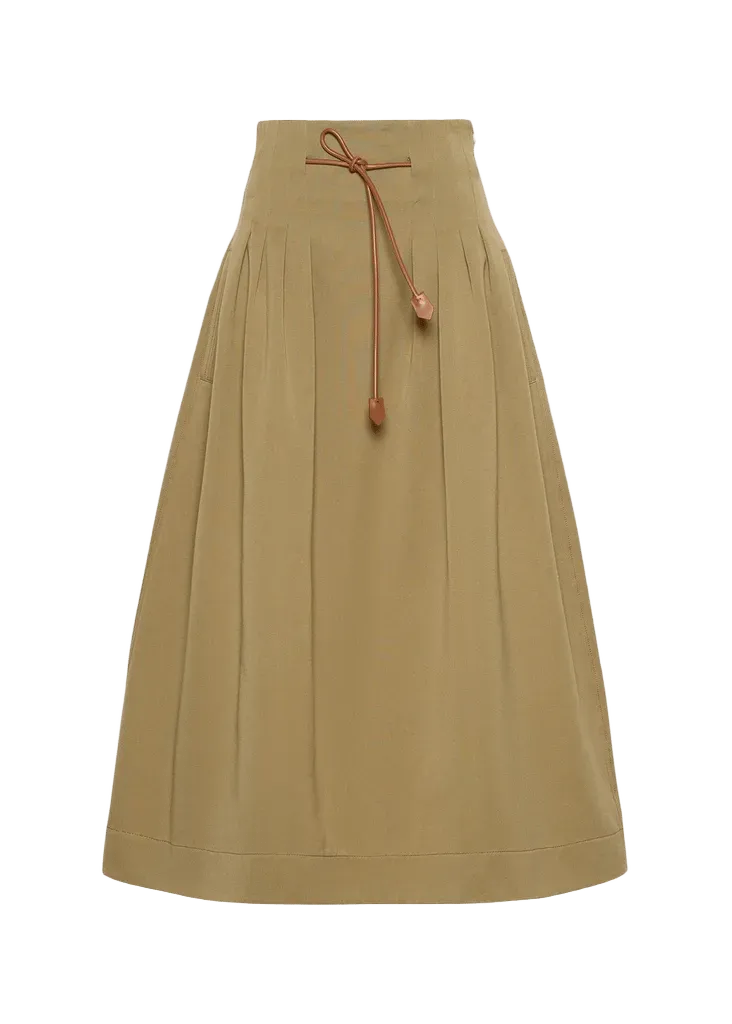 Max Mara Pleated Drawstring Cotton Ottoman Midi Skirt