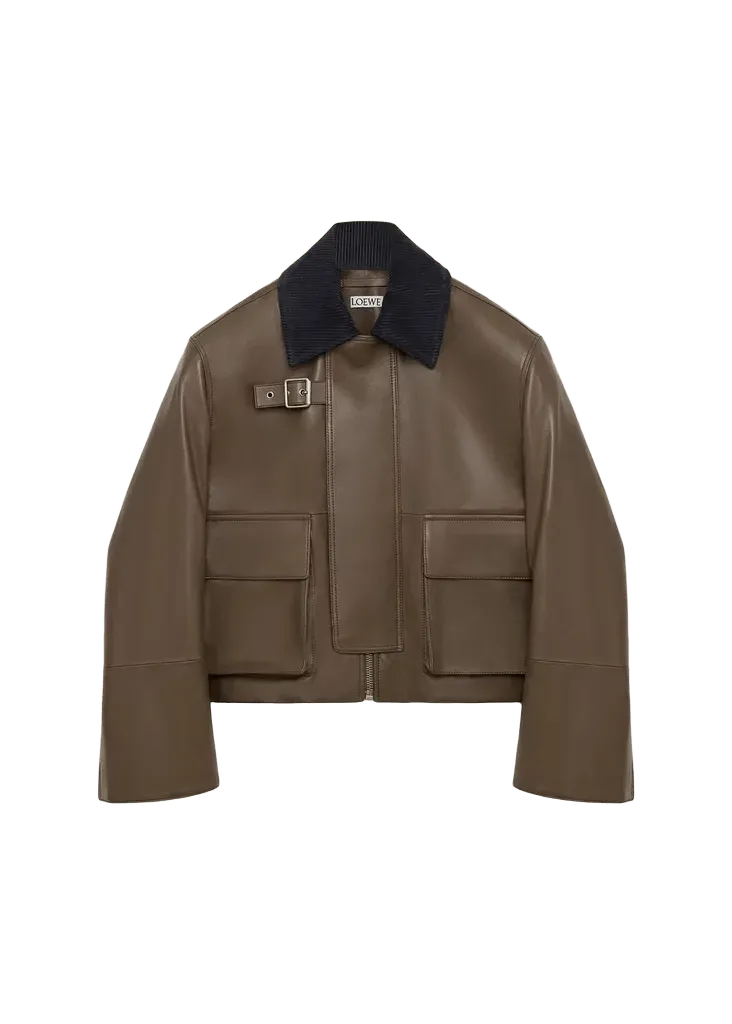 Corduroy-Collar Leather Utility Jacket