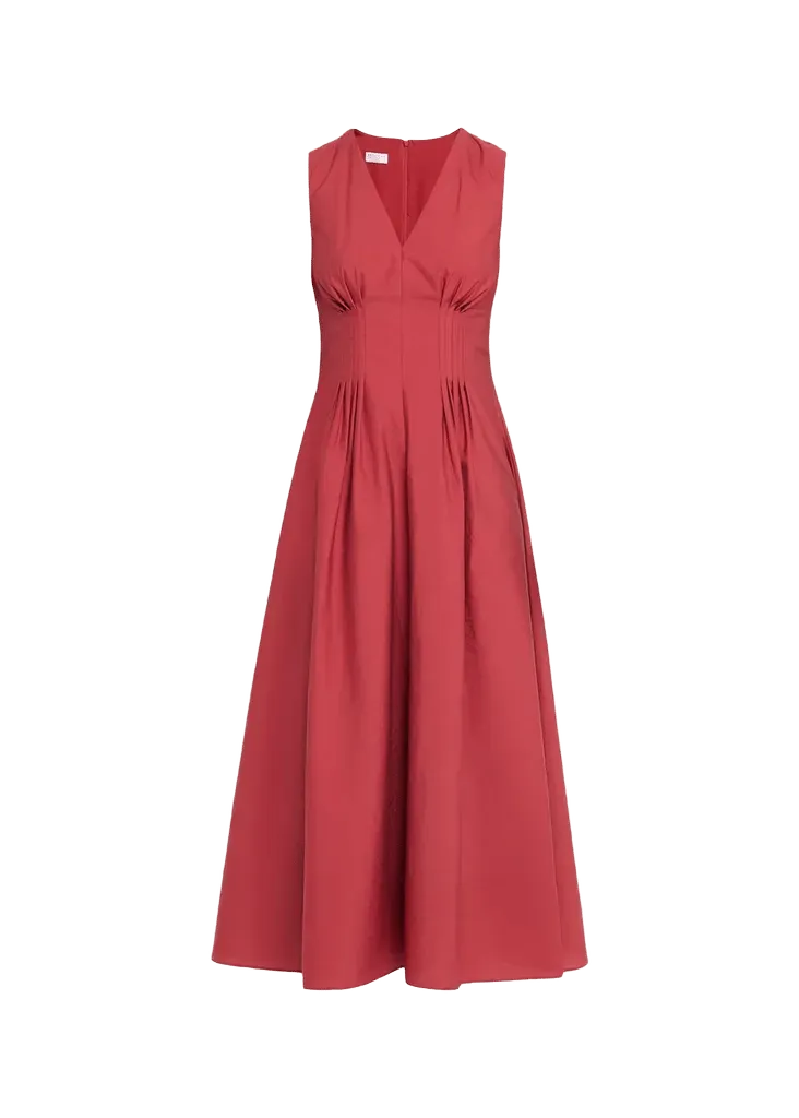V-Neck Pleated Techno Cotton Poplin Sleeveless Midi Dress