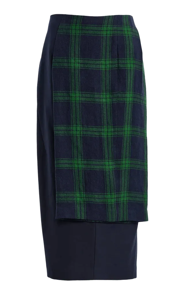 Twisted Plaid Cotton Midi Skirt