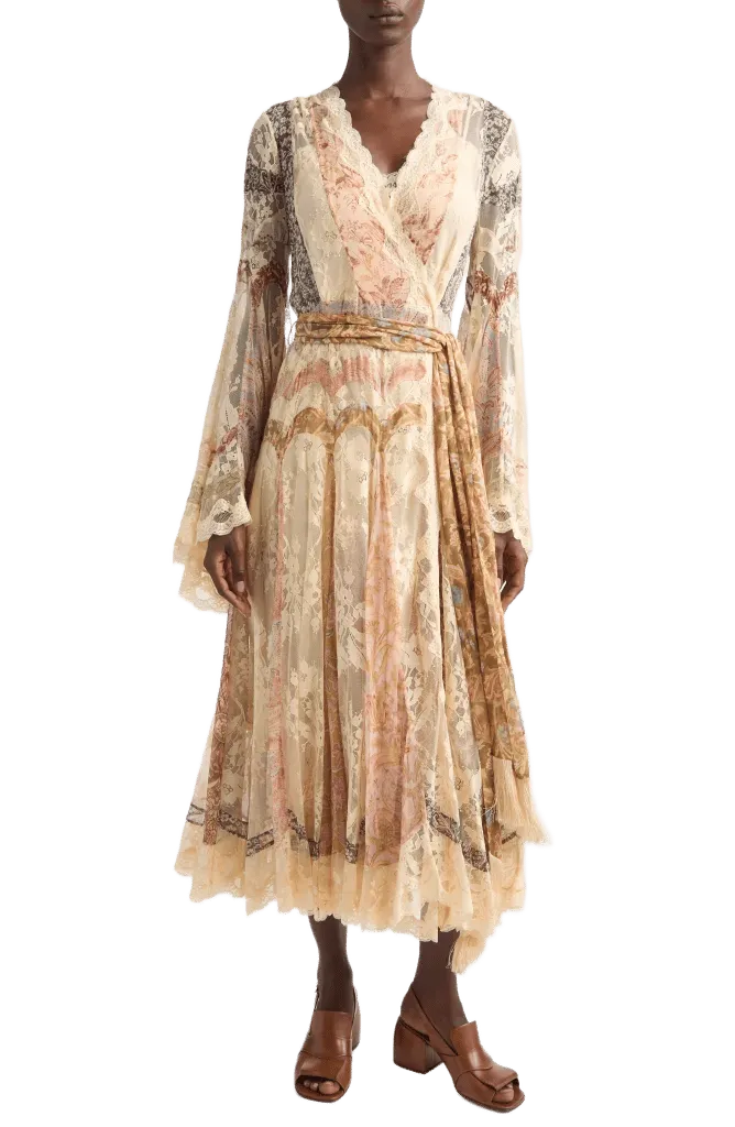 Valiant Floral Long Sleeve Silk & Lace Wrap Dress