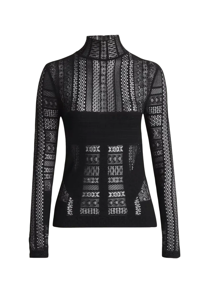 Mixed Lace Long-Sleeve Turtleneck Top