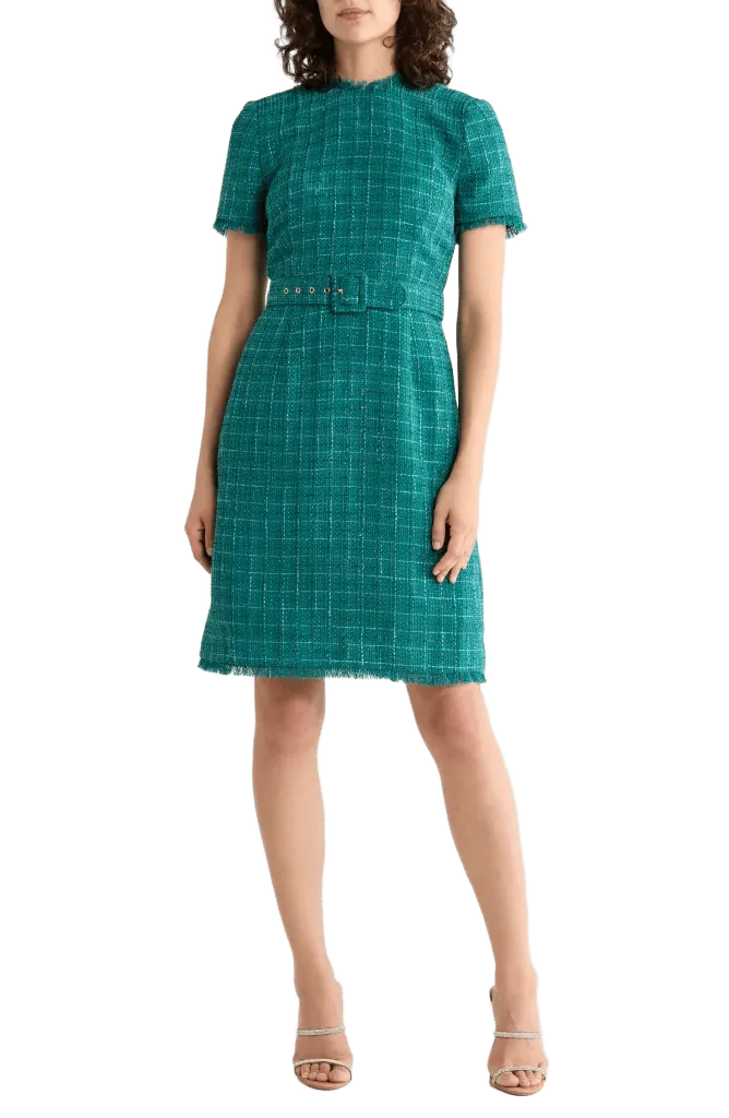 Short Sleeve Belted Tweed Sheath Dress