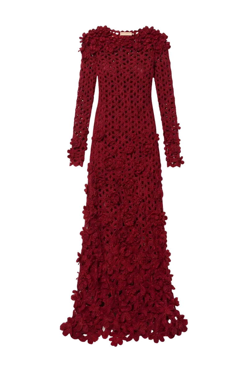 Astrid Crochet Dress with Embroidered Flowers - Cerise