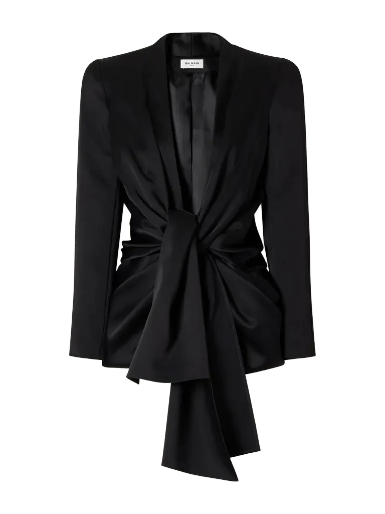 Tie-detailed draped satin-crepe jacket