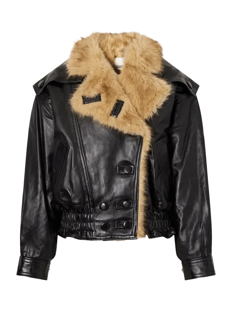 Valina double-breasted shearling-trimmed leather jacket