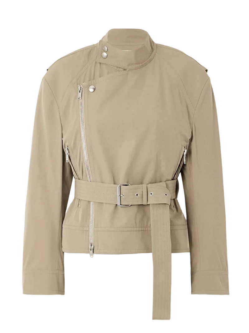 Belted asymmetric cotton-blend jacket