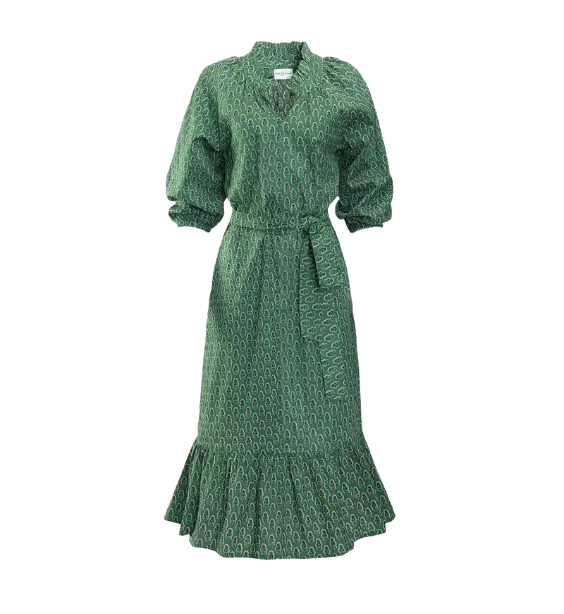 Green Block Print Floral Lily Dress