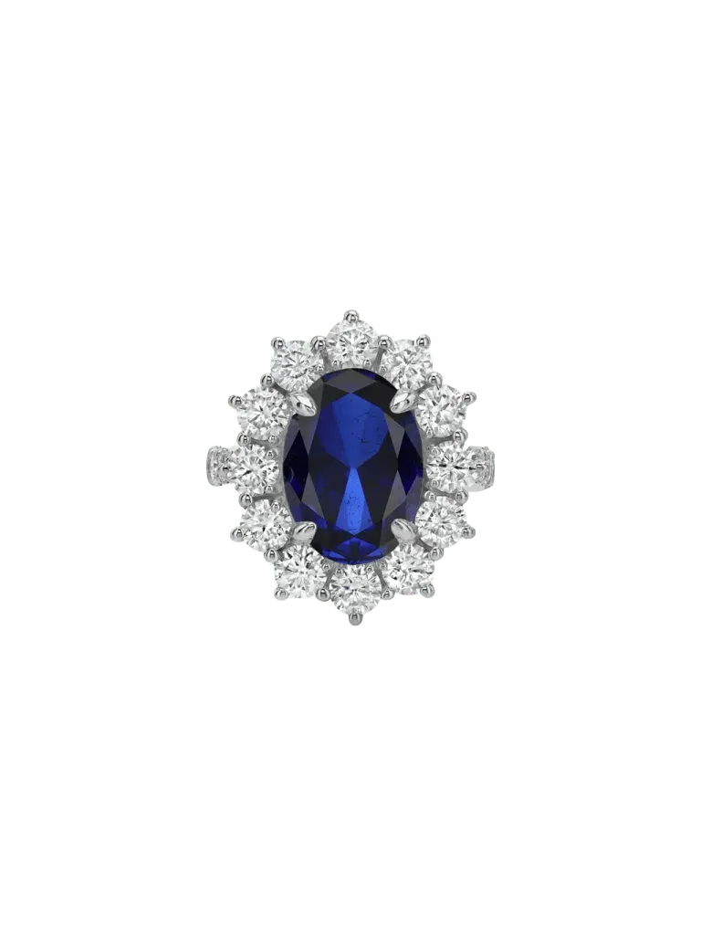 14K SPENCER RING IN LAB BLUE SAPPHIRE AND LAB DIAMOND, 14K WHITE GOLD