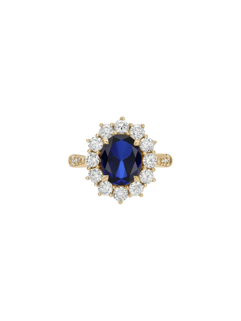PETITE SPENCER RING IN LAB BLUE SAPPHIRE AND MOISSANITE, GOLD VERMEIL