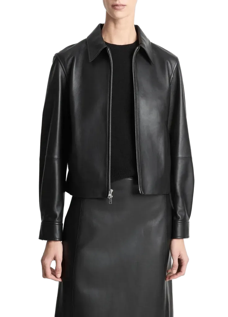 Leather Cropped Zip-Front Jacket