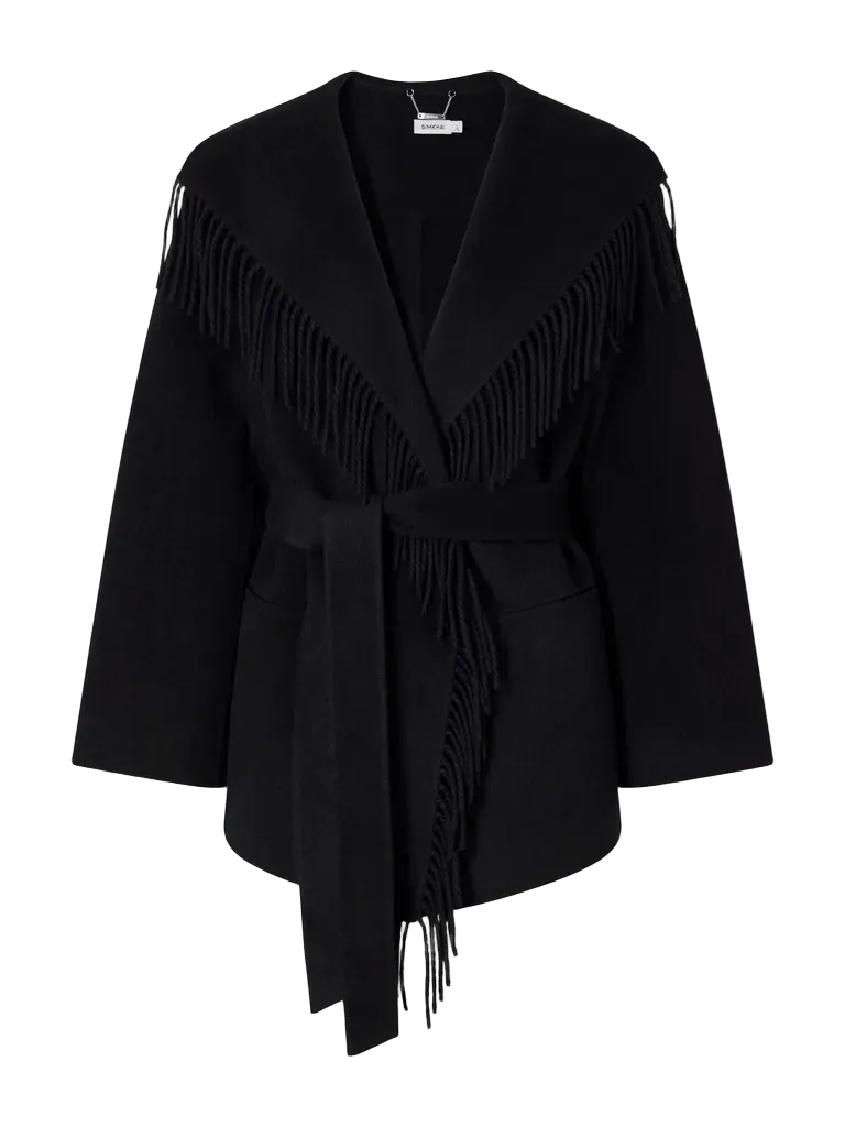 Rowen belted fringed wool-blend jacket