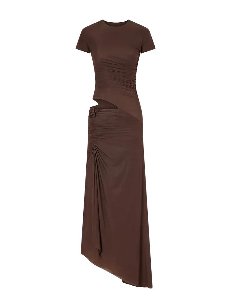 Celeste asymmetric ruched cut-out jersey midi dress