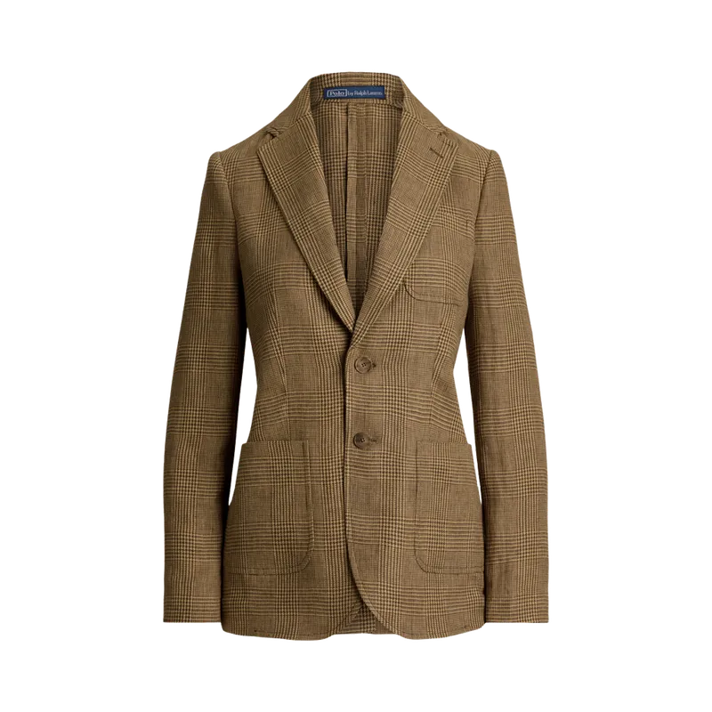 Single-Breasted Plaid Linen Tweed Blazer