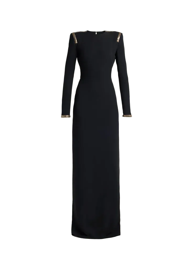 TOM FORD Long-Sleeve Chainmail-Trim Silk Column Gown