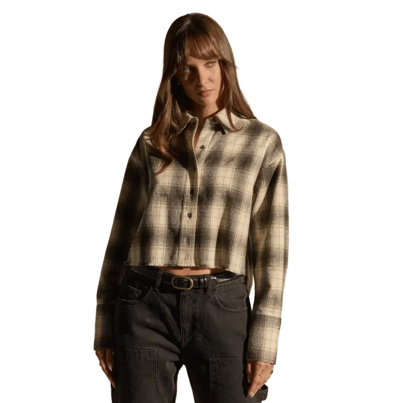 Plaid Flannel Cropped Shirt - Grey Brown Mix Plaid