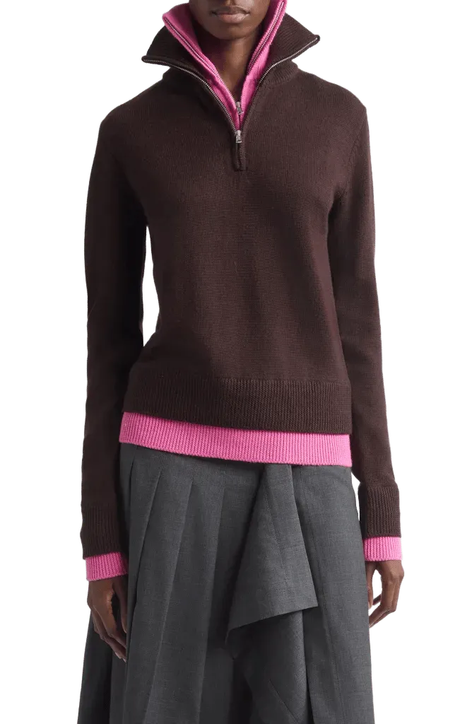 Double Layer Half Zip Merino Wool Sweater