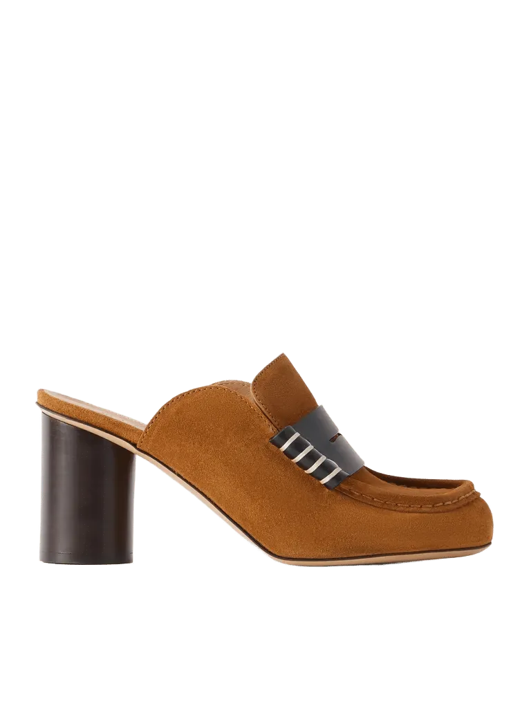 Leather-trimmed suede mules