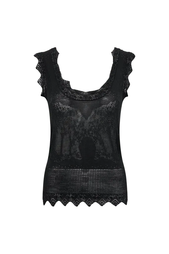 Scripta Pointelle Knit Lace Tank Top in Black Merino Wool