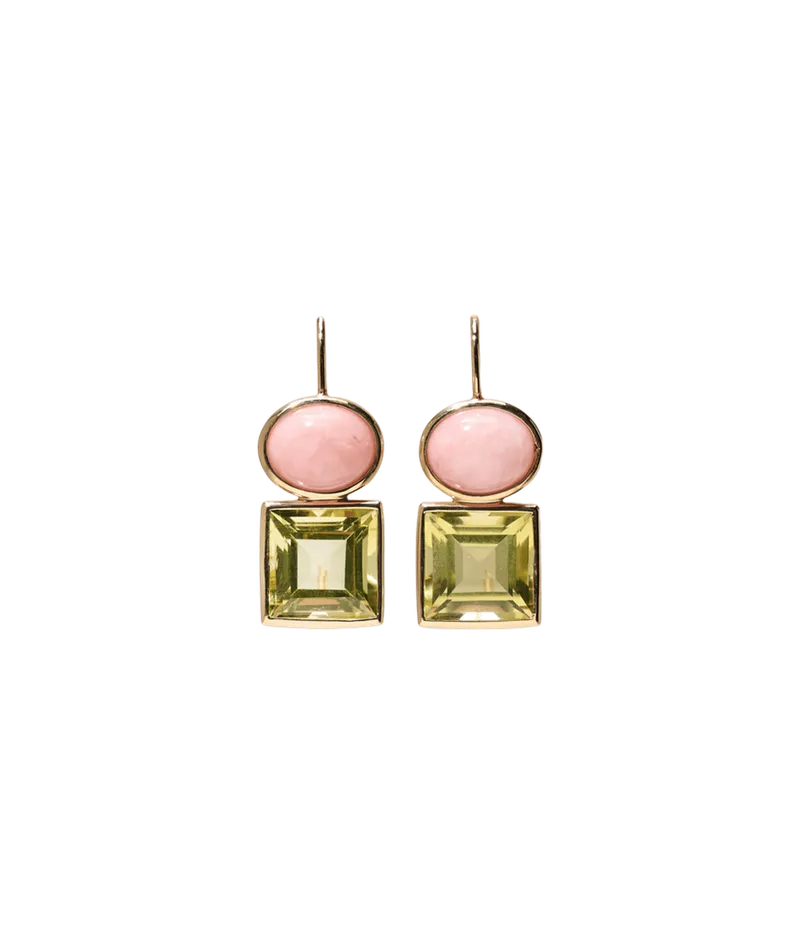 14k Gold Duo Earrings in Pink Opal & Lemon Quartz